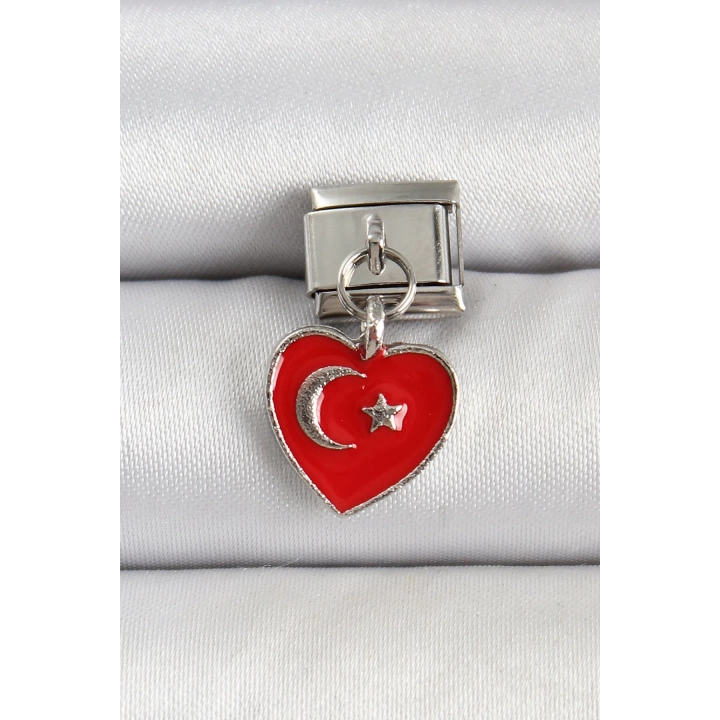 BFS 316L Çelik Gümüş Renk Kalp Türk Bayrağı Model Nomination Charm