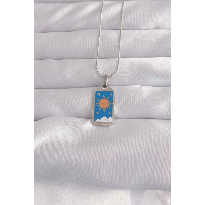 BFS 316L Çelik Gümüş Renk Mavi Mineli Güneş Model Tarot Kolye