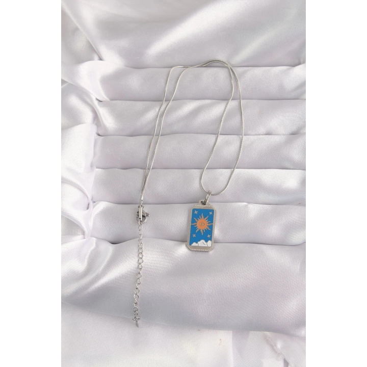 BFS 316L Çelik Gümüş Renk Mavi Mineli Güneş Model Tarot Kolye