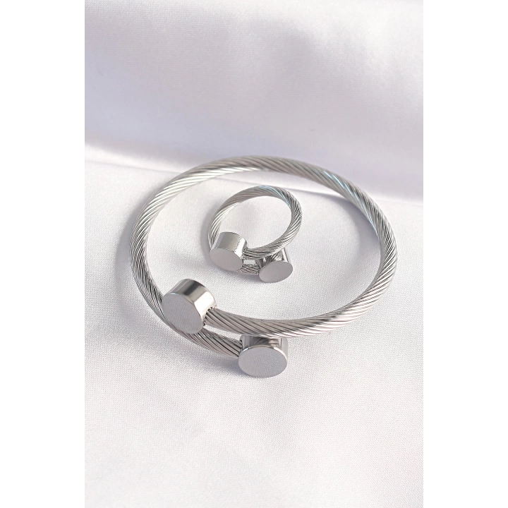 BFS 316L Çelik Gümüş Renk Oval Aksesuarlı Burgu Model Bileklik ve Yüzük Kombini