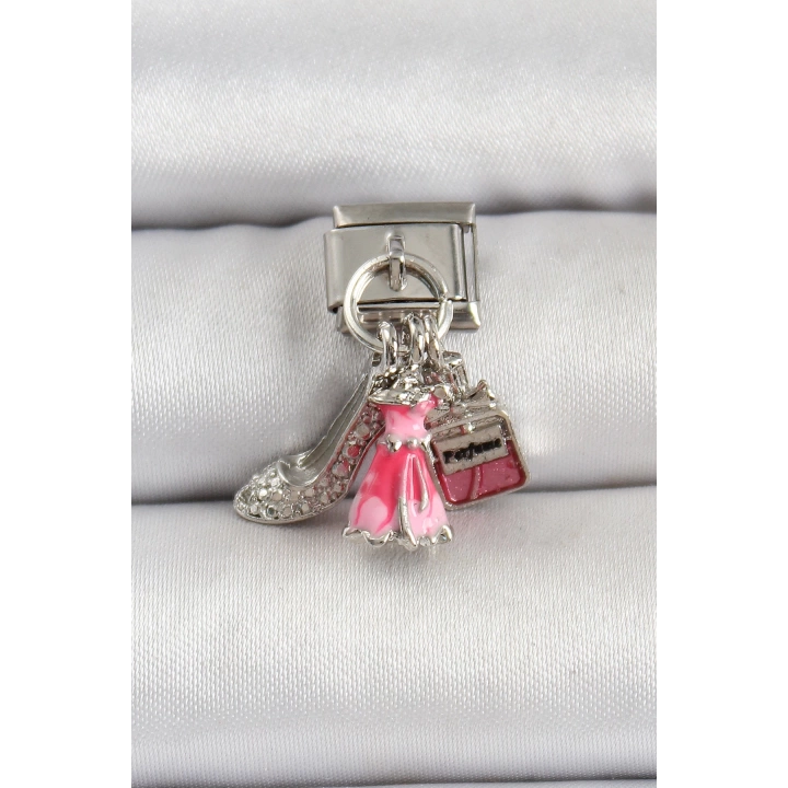 BFS 316L Çelik Gümüş Renk Pembe Elbise Kombini Model Nomination Charm