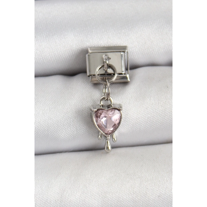 BFS 316L Çelik Gümüş Renk Pembe Kalp Model Nomination Charm