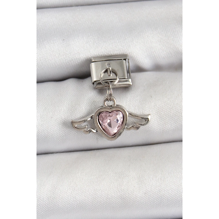 BFS 316L Çelik Gümüş Renk Pembe Kanatlı Kalp Model Nomination Charm