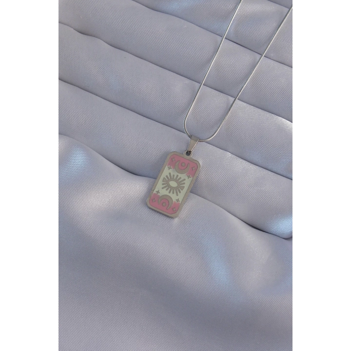 BFS 316L Çelik Gümüş Renk Pembe Mineli Ay Figür Tarot Kolye