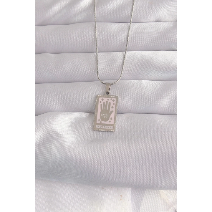 BFS 316L Çelik Gümüş Renk Pembe Mineli El Figür Tarot Kolye