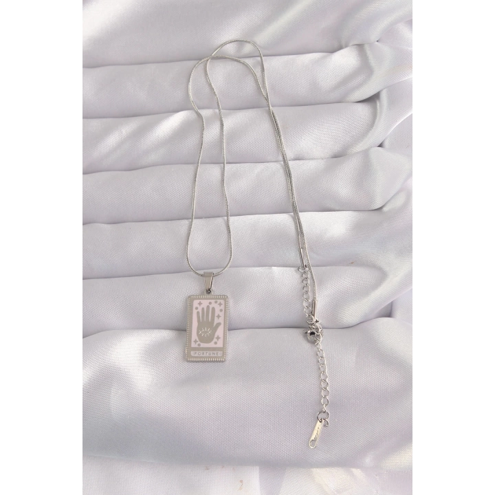 BFS 316L Çelik Gümüş Renk Pembe Mineli El Figür Tarot Kolye