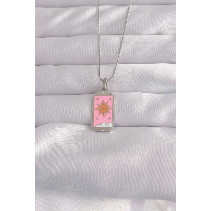 BFS 316L Çelik Gümüş Renk Pembe Mineli Güneş Model Tarot Kolye