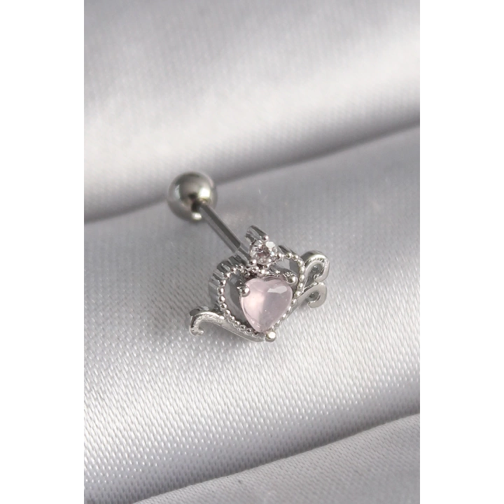 BFS 316L Çelik Gümüş Renk Pembe Mineli Kalp Zirkon Taş Detay Tragus Piercing