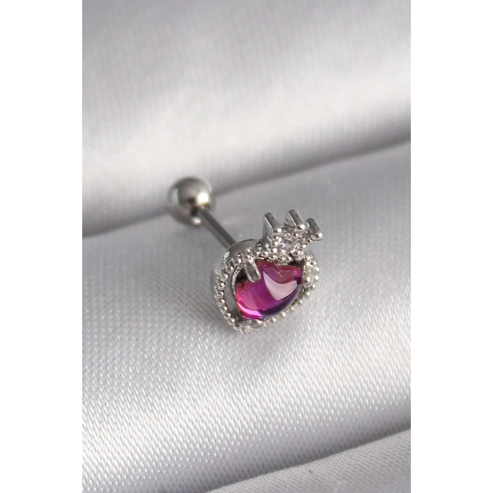BFS 316L Çelik Gümüş Renk Pembe Mineli Kalp Zirkon Taş Detaylı Taç Tragus Piercing