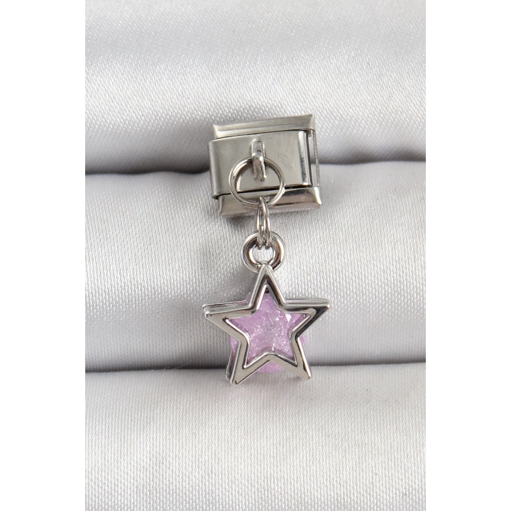 BFS 316L Çelik Gümüş Renk Pembe Taşlı Yıldız Model Nomination Charm