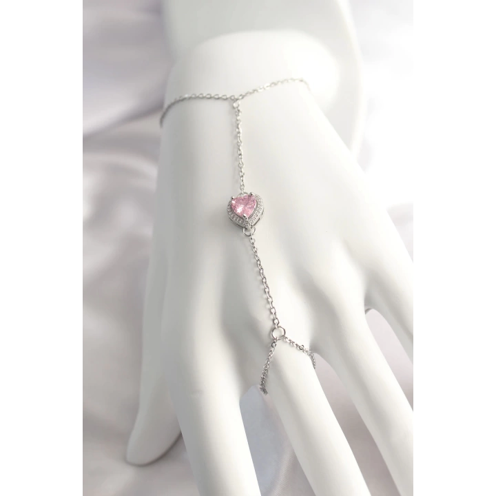 BFS 316L Çelik Gümüş Renk Pembe Zirkon Taşlı Kalp Şahmeran