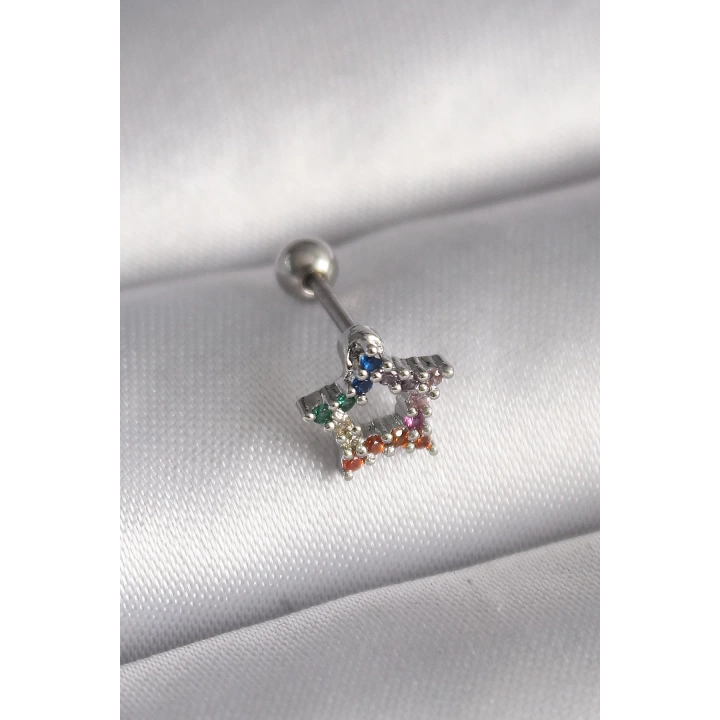 BFS 316L Çelik Gümüş Renk Renkli Zirkon Taşlı Yıldız Model Tragus Piercing