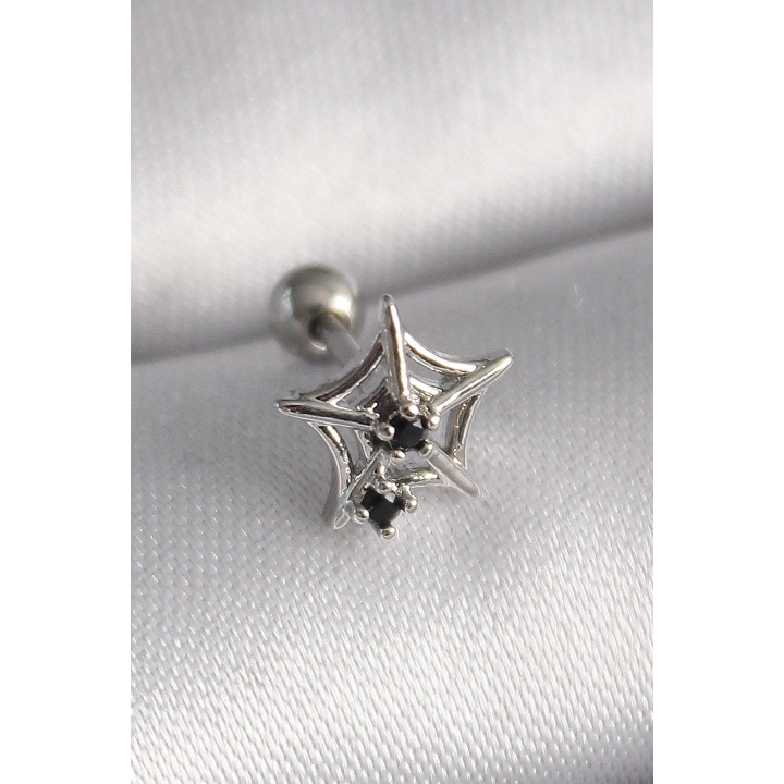 BFS 316L Çelik Gümüş Renk Siyah Zirkon Taş Detay Örümcek Ağ Model Tragus Piercing