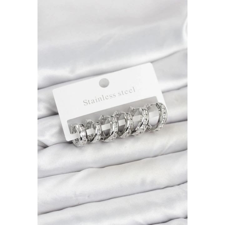 BFS 316L Çelik Gümüş Renk Su Yolu Halka Küpe Seti