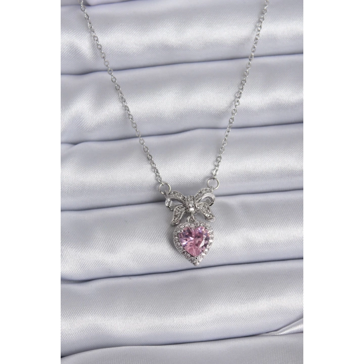 BFS 316L Çelik Gümüş Renk Zincir Pembe Kristal Kalp Zirkon Taşlı Kurdele Model Kadın Kolye
