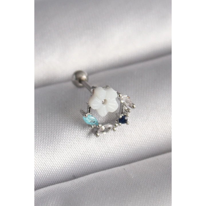 BFS 316L Çelik Gümüş Renk Zirkon Taş Detay Beyaz Çiçek Model Tragus Piercing