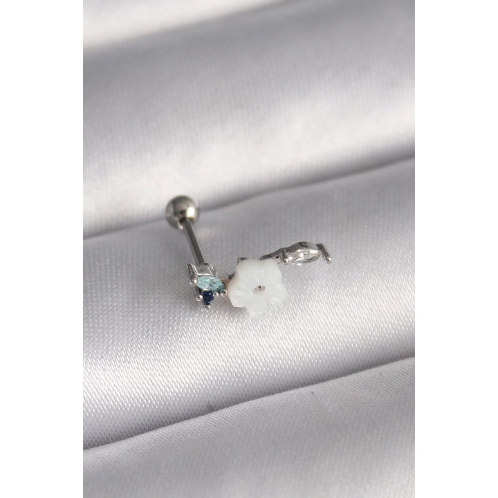 BFS 316L Çelik Gümüş Renk Zirkon Taş Detay Beyaz Çiçek Model Tragus Piercing
