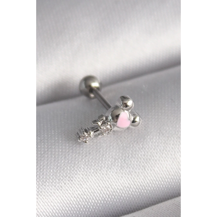 BFS 316L Çelik Gümüş Renk Zirkon Taş Detay Pembe Kalp İşleme Tragus Piercing