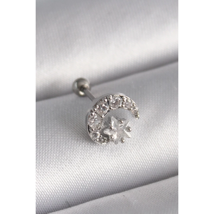 BFS 316L Çelik Gümüş Renk Zirkon Taşlı Ay Yıldız Tragus Piercing