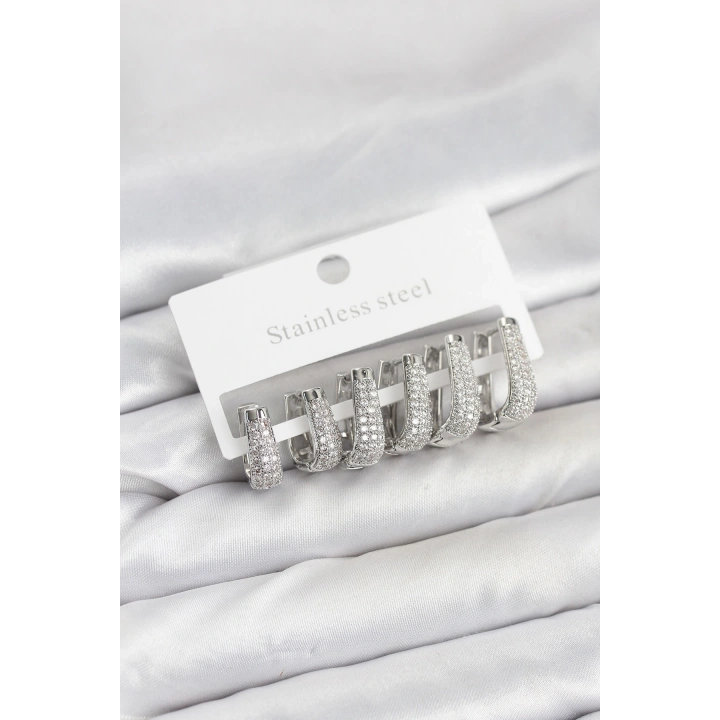 BFS 316L Çelik Gümüş Renk Zirkon Taşlı Damla Halka Küpe Seti