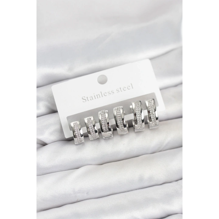 BFS 316L Çelik Gümüş Renk Zirkon Taşlı Halka Küpe Seti