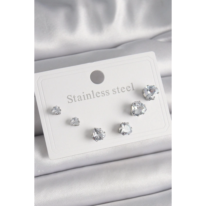 BFS 316L Çelik Gümüş Renk Zirkon Taşlı Kalp Model Kadın Küpe Seti