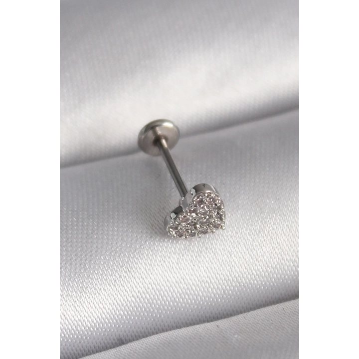 BFS 316L Çelik Gümüş Renk Zirkon Taşlı Kalp Model Tragus Piercing