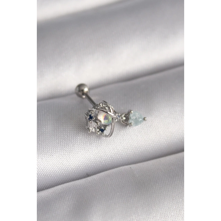 BFS 316L Çelik Gümüş Renk Zirkon Taşlı Sallantı Kalp Detay Tragus Piercing