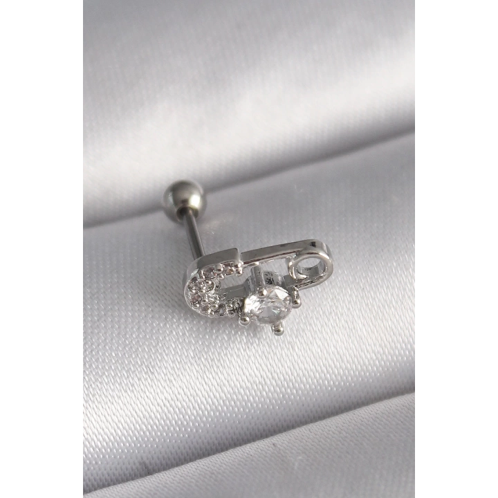 BFS 316L Çelik Gümüş Renk Zirkon Taşlı Toplu İğne Tragus Piercing