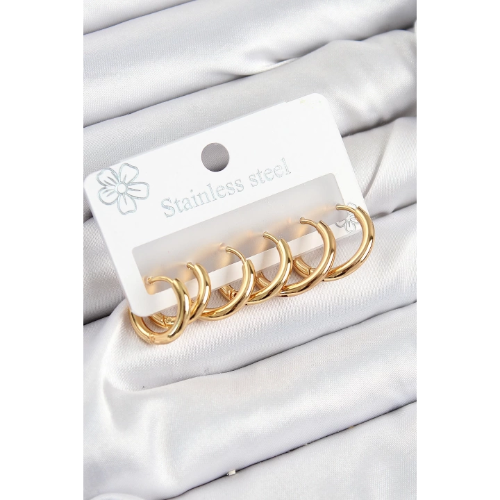 BFS 316L Çelik Halka Model Gold Renk 3lü Set Kadın Küpe
