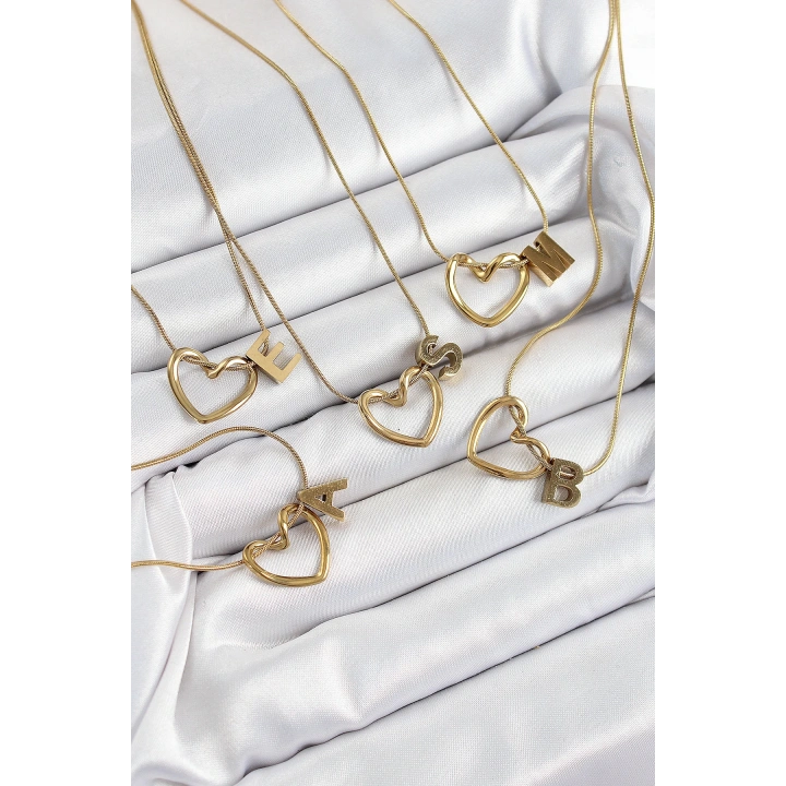 BFS 316L Çelik Kalp Detaylı Gold Renk Harf Kolye 24lü Paket Kolye