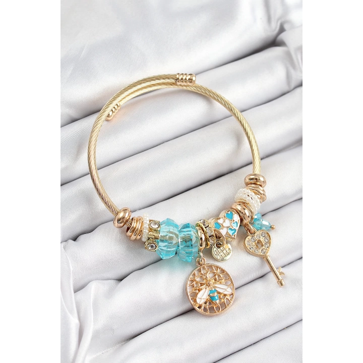 BFS 316L Çelik Mavi Zirkon Taşlı Baykuş Arı Ve Anahtar Model Gold Renk Charm Bileklik
