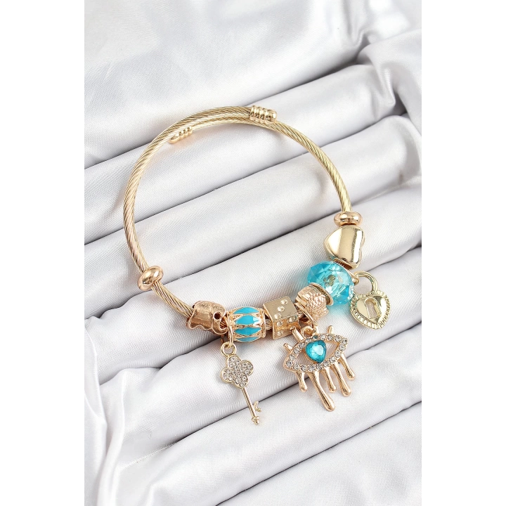 BFS 316L Çelik Mavi Zirkon Taşlı Kilit Göz Ve Anahtar Model Gold Renk Charm Bileklik