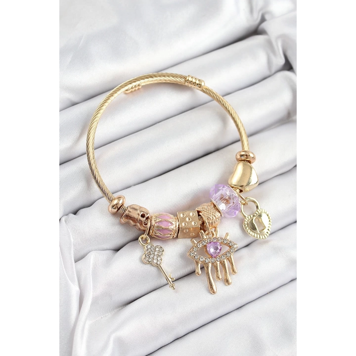 BFS 316L Çelik Mor Zirkon Taşlı Kilit Göz Ve Anahtar Model Gold Renk Charm Bileklik
