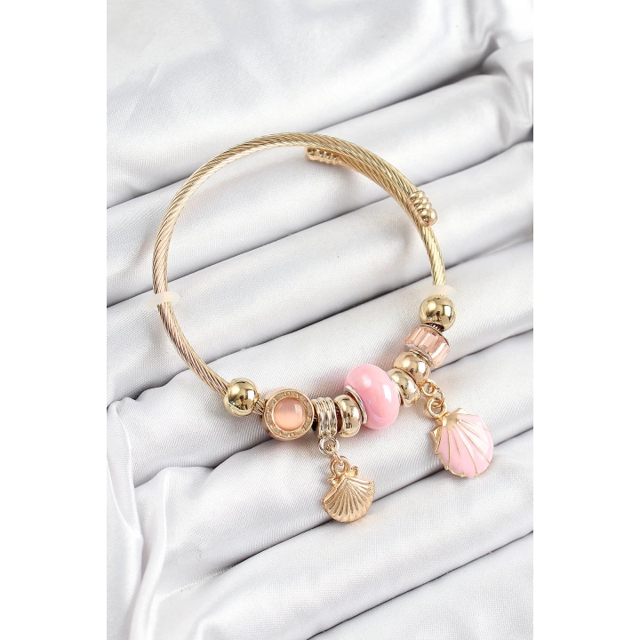 BFS 316L Çelik Pembe İstiridye Model Gold Renk Charm Bileklik