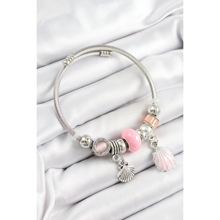 BFS 316L Çelik Pembe İstiridye Model Gümüş Renk Charm Bileklik