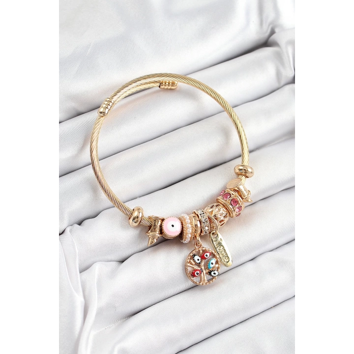 BFS 316L Çelik Pembe Nazarlı Zirkon Taşlı İnci Detaylı Hayat Ağacı Model Gold Renk Charm Bileklik