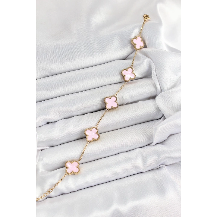 BFS 316L Çelik Pembe Sedef Yonca Model Gold Renk Kadın Bileklik