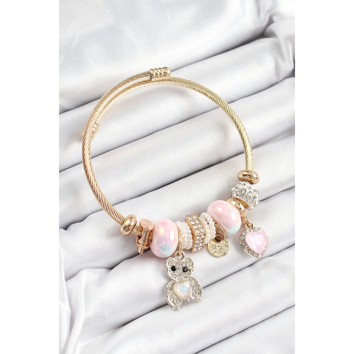 BFS 316L Çelik Pembe Zirkon Taşlı Ayıcık Ve Kalp Model Gold Renk Charm Bileklik