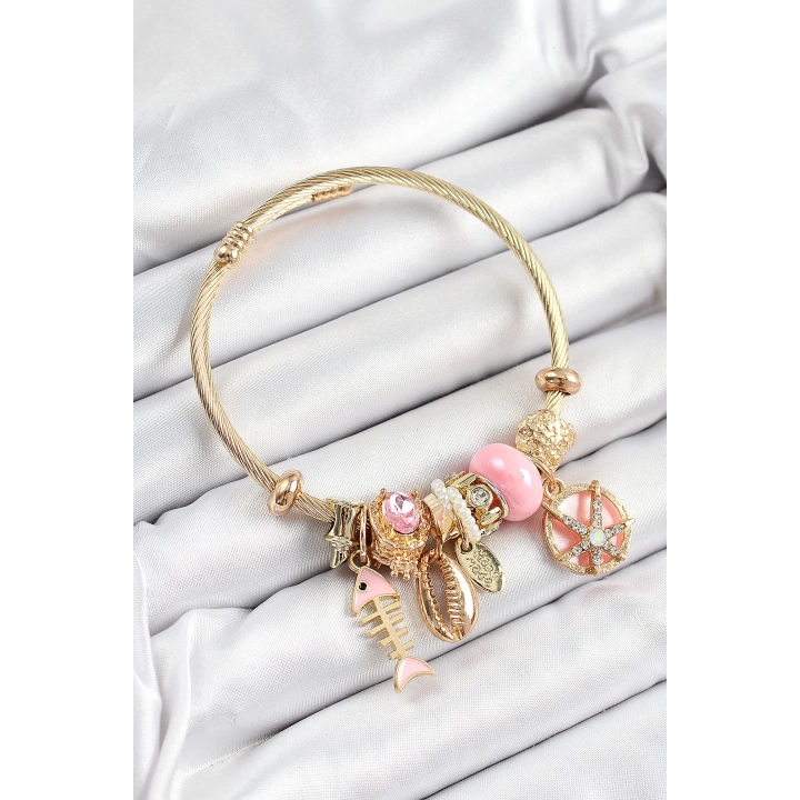 BFS 316L Çelik Pembe Zirkon Taşlı Balık Deniz Kabuğu Ve Deniz Yıldızı Model Gold Renk Charm Bileklik