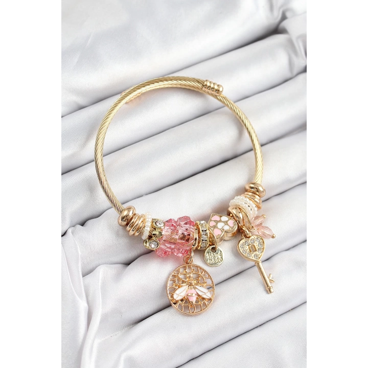 BFS 316L Çelik Pembe Zirkon Taşlı Baykuş Arı Ve Anahtar Model Gold Renk Charm Bileklik