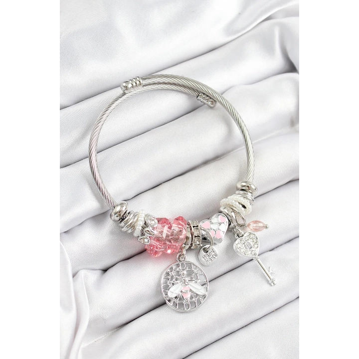 BFS 316L Çelik Pembe Zirkon Taşlı Baykuş Arı Ve Anahtar Model Gümüş Renk Charm Bileklik