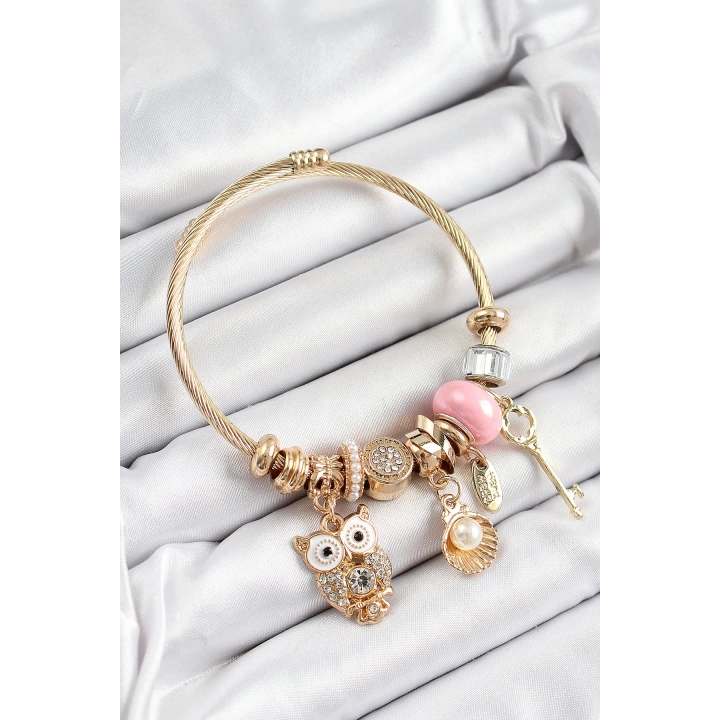 BFS 316L Çelik Pembe Zirkon Taşlı Baykuş İstiridye Ve Anahtar Model Gold Renk Charm Bileklik