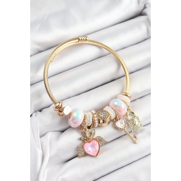 BFS 316L Çelik Pembe Zirkon Taşlı Kilit Anahtar Ve Kalp Model Gold Renk Charm BileklikCharm Bileklik