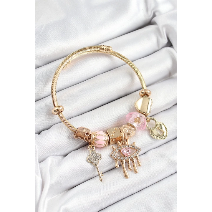 BFS 316L Çelik Pembe Zirkon Taşlı Kilit Göz Ve Anahtar Model Gold Renk Charm Bileklik