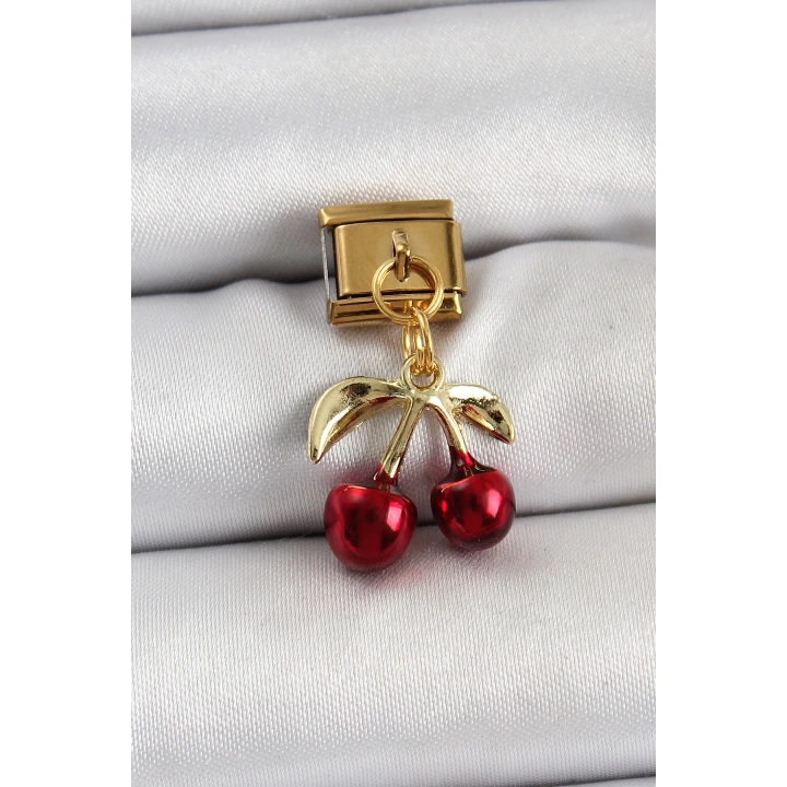 BFS 316L Çelik Sallantılı Kırmızı Kiraz Model Gold Renk Nomination Charm