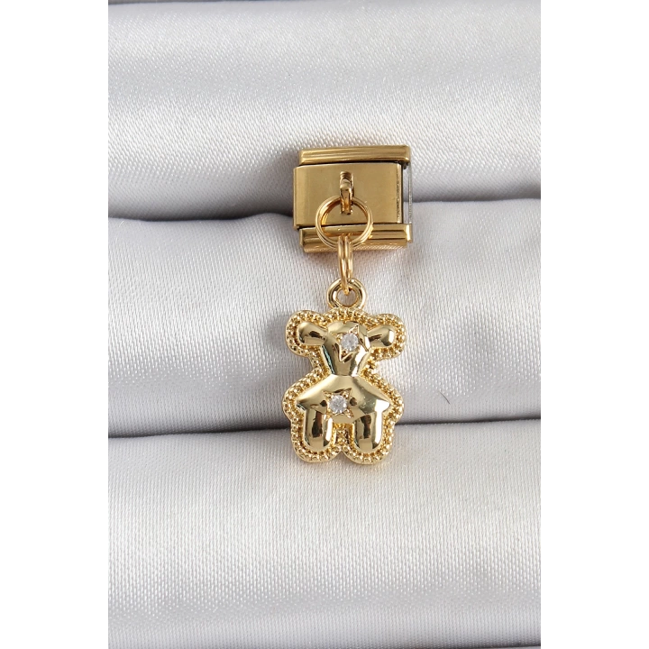 BFS 316L Çelik Sallantılı Zirkon Taşlı Ayıcık Model Gold Renk Nomination Charm