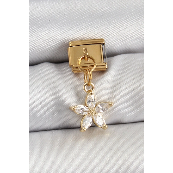 BFS 316L Çelik Sallantılı Zirkon Taşlı Çiçek Model Gold Renk Nomination Charm