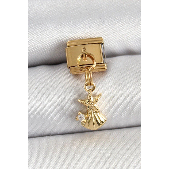 BFS 316L Çelik Sallantılı Zirkon Taşlı Deniz Yıldızı Ve İstiridye Model Gold Renk Nomination Charm