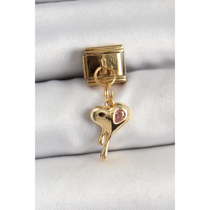 BFS 316L Çelik Sallantılı Zirkon Taşlı Eriyen Kalp Model Gold Renk Nomination Charm